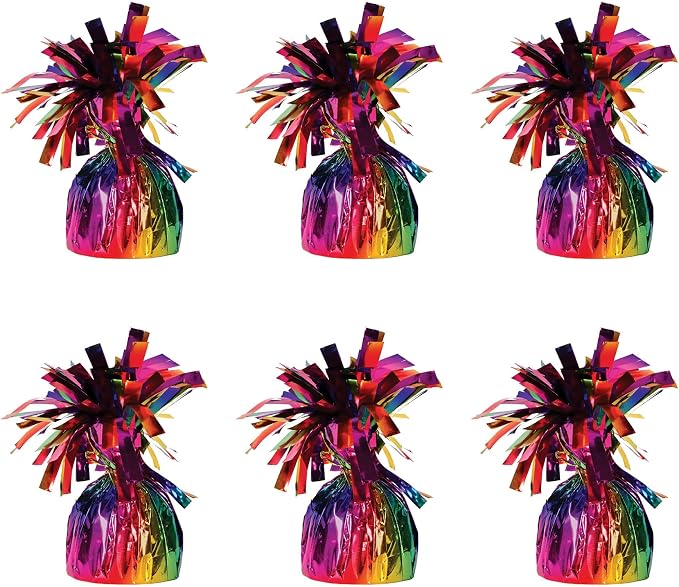 Beistle 6 Piece Rainbow Metallic Plastic Wrapped Balloon Weights for Birthday Parties, Colorful Celebrations and Events, Table Decorations for Any Theme, 6 Oz