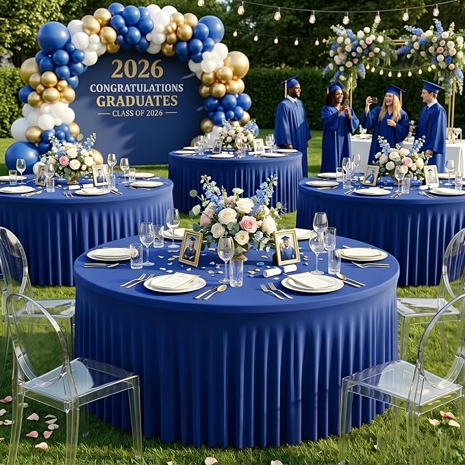 2 Pack Royal Blue 60 inch Round Spandex Tablecloth, Washable Stretchy Fitted 5FT Round Tables,Elastic Edge with Skirt, Wrinkle-Free Table Cloths for Wedding Banquet Party Birthday Buffet
