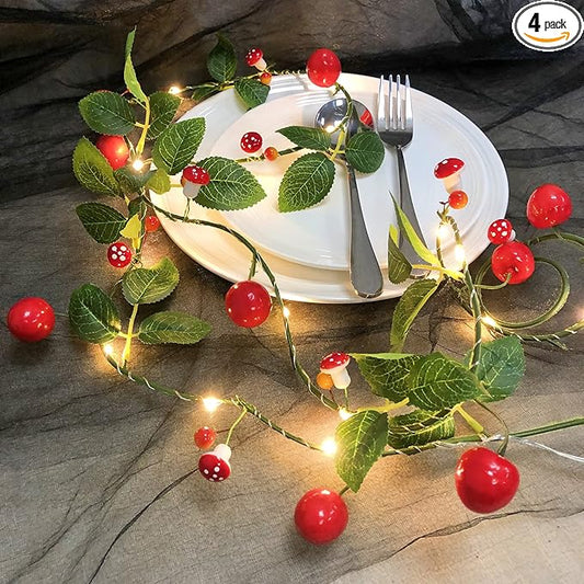 Artificial Fruit Cherry String Lights 6.56ft/20LED Mushroom Hanging Vines Plant Garland Artificial Berries Light Battery Powered for Home Garden Wedding Party Decor (W- Cherry Vine with LED, 4 Pack)