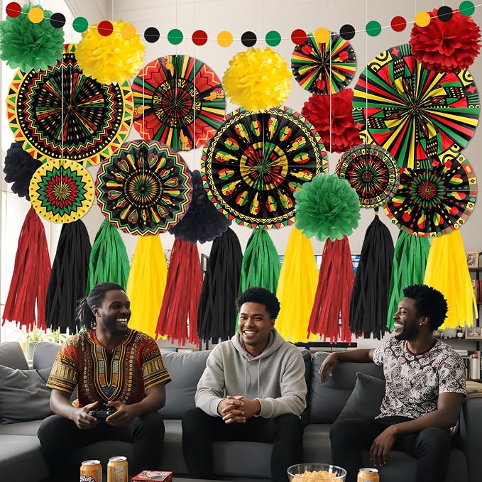 Rakuto Black History Month Party Decorations,30PCS Juneteenth African American Themed Paper Fans and Paper Poms Decoration,Happy June African Themed Tassel Garland Party Decor
