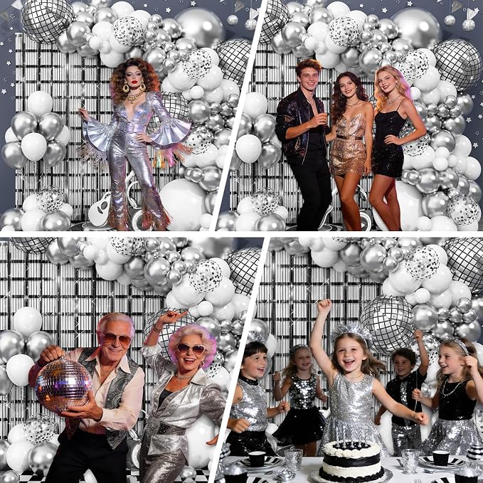 Disco Balloon Arch Kit, 87 Pcs Silver and White Balloon Garland Set with Checkered Foil Fringe Backdrop for Disco Birthday Party Graduation Prom Decorations 2026 Silver