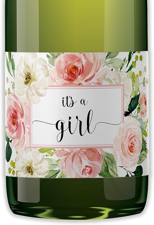 It’s a Girl Mini Champagne Bottle Labels ● SET of 12 ● Pink Baby Shower Mini Champagne Label, About to POP Thank You for Celebrating with us Favors Stickers Gender Reveal WATERPROOF (Blooms)