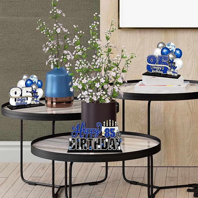 LINGTEER Happy 85th Birthday Blue Acrylic Table Topper Centerpieces Set - Cheers to 85 Years Old Birthday 85th Bday Party Gift Decorations.