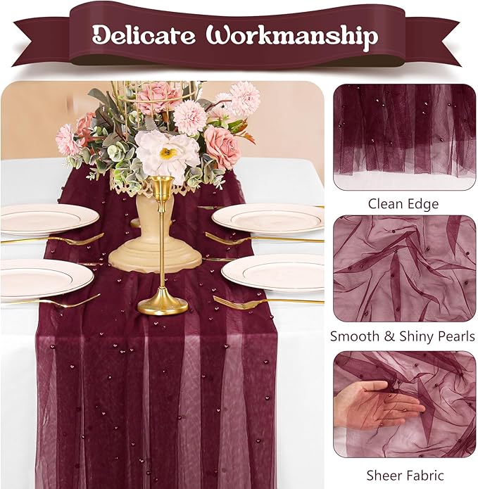 12 Pack 10FT Pearl Table Runner 30x120 Inch Burgundy Tulle Fabric Boho Rustic Sheer Table Runners Lace Table Cloth for Wedding Bridal Shower Birthday Party Arch Veil Dessert Table Decor (Burgundy)