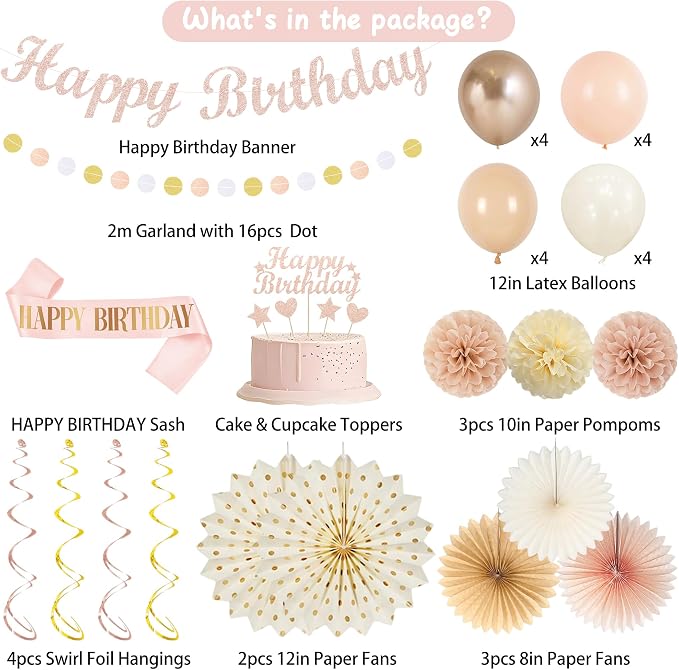 Vlipoeasn Beige Pink Birthday Party Decorations Champagne Women Girls | Rose Gold Peach Happy Birthday Banner Cake Topper Paper Fans Pompoms Latex Balloons Haning Swirls Kit for Women Girls Indoor