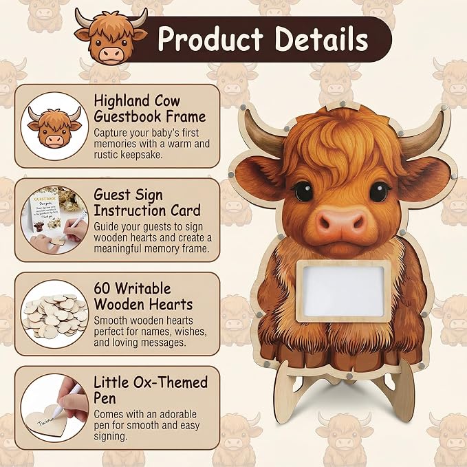 Highland Cow Baby Shower Decorations,Holy Cow Baby Shower Guest Book Alternatives with Pen,Photo Frame and 60 Heart Wood Slices for 60 Guests,Gender Reveal Decorations