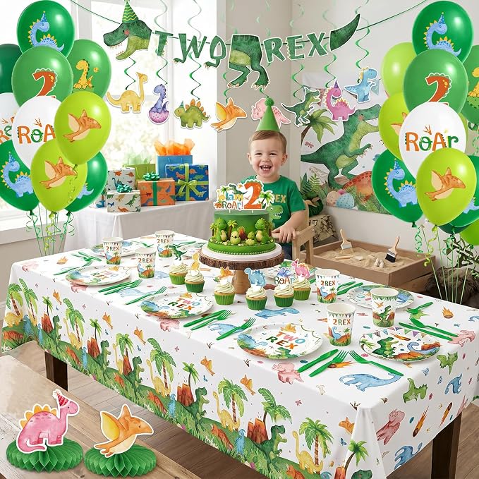210 Pcs 2nd Dinosaur Birthday Party Decorations Serves 24 ，Two-Rex Theme Dino Roar Party Supplies with Banner Hanging Plates Napkins Cups Forks Knives Tablecloth Topper Balloons for Boy Party