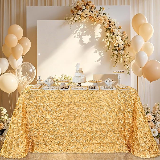 B-COOL Light Gold Rosette Tablecloth Party Table Overlay 90x156 Inch 3D Floral Fabric Cover for Brithday Holiday Party Wedding Table Decorations