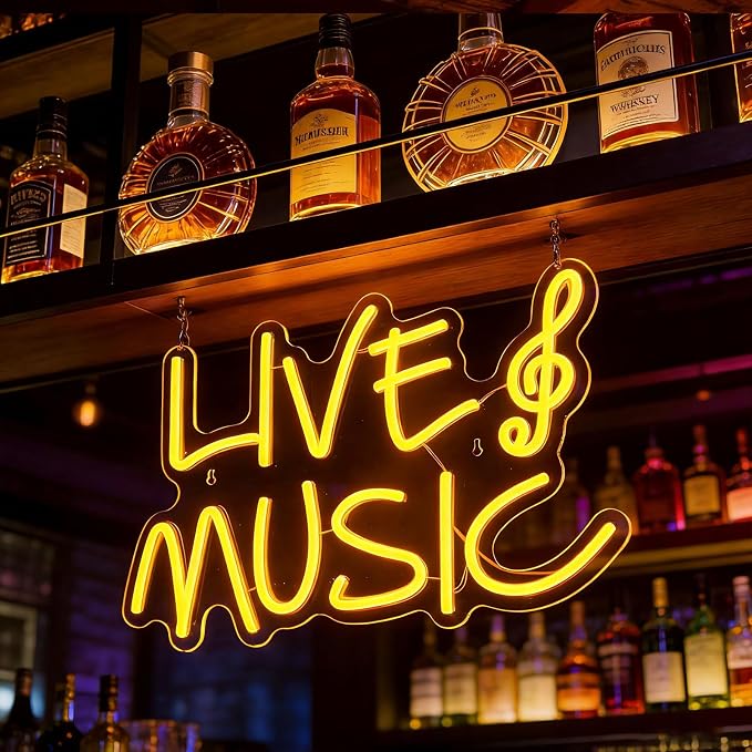 Live Music Neon Signs for Wall Decor, LED USB Powered Light Sign, Yellow Neon Light Up Letters Sign for Bedroom Music Studio Room Club Party Decor 16.93 x 11.02"