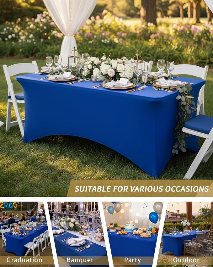 Fixwal Royal Blue Stretch Table Cloth Rectangle 2 Pack 4Ft, Spandex Fitted Table Covers Washable for Party, Trade Show, Banquet, Wedding, Buffet