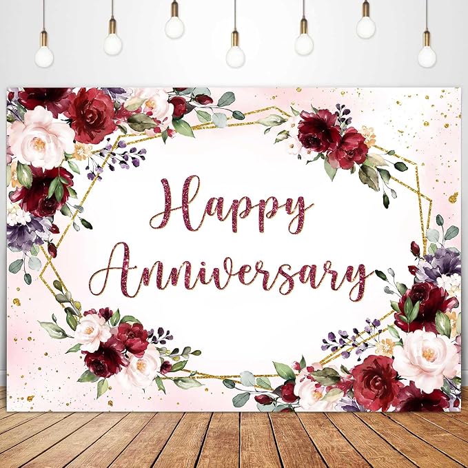 Sensfun Happy Anniversary Backdrop Banner Burgundy Pink Flower Wedding Anniversary Party Decorations Floral Couple Engagement Marriage Day Memorial Party Photography Background Photo Booth Props 8x6ft