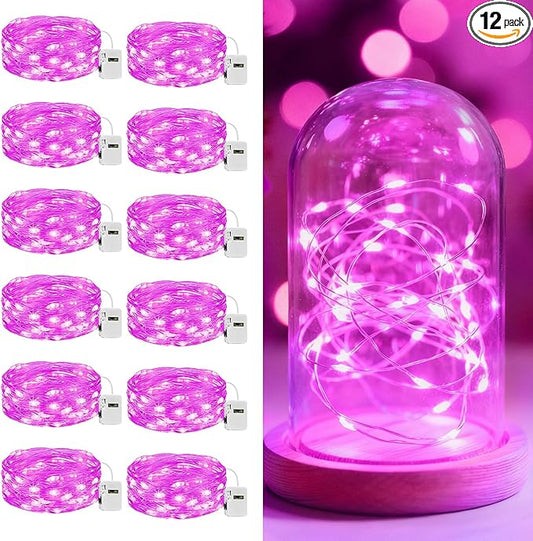litogo 12 Pack 7FT 20 LED Fairy Lights Battery Operated, 3 Lighting Modes, Bulk Mini Twinkle String Lights Waterproof Silver Wire for Weddings Mason Jars Party Christmas Decorations-Pink