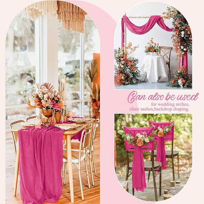 Pesonlook 12 Pack Hot Pink Rustic Boho Cheesecloth Table Runner, 10FT Long Semi Sheer, 21.5" W x 120" L, Polyester, Solid, Wedding/Birthday/Bridal Shower/Party Decorations