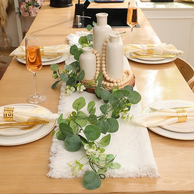 Geelin 6 Pcs Rustic Table Centerpieces, Set of 3 Boho Ceramic Vases, Wooden Serving Tray, Modern Farmhouse Wood Beads Garland Tassel, Artificial Greenery for Home Coffee Tabletop Decor(White)