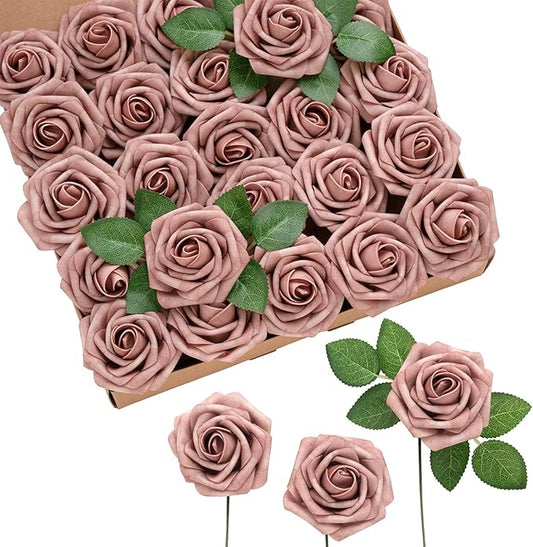 Ling's moment Artificial Flowers 50Pcs Dusty Rose Roses Decor w/Stems,3" DIY Foam Floral for Wedding Bouquet/Centerpieces, Outdoors Party Backdrop, Room/Table, and Garden/Pot Decorations