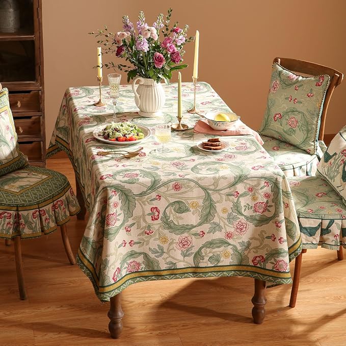 patdrea Vintage French Linen Tablecloth,Rectangular,79"x55"-Cecilia A | Colorful Elegant Table Cloth for Rectangle Table,Floral Vine Patterned,for Dining Room Tea Party Thanksgiving