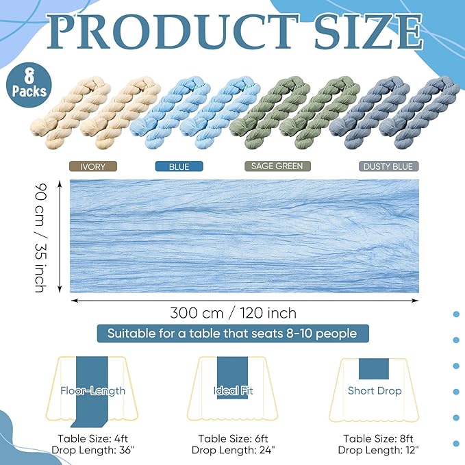 8 Pcs Sage Green and Dusty Blue Cheesecloth Table Runner Boho Gauze Cheese Cloth Runner 118" Rustic Table Decor for Wedding Bridal Baby Shower Anniversary Birthday Party Home Arbor Decorations
