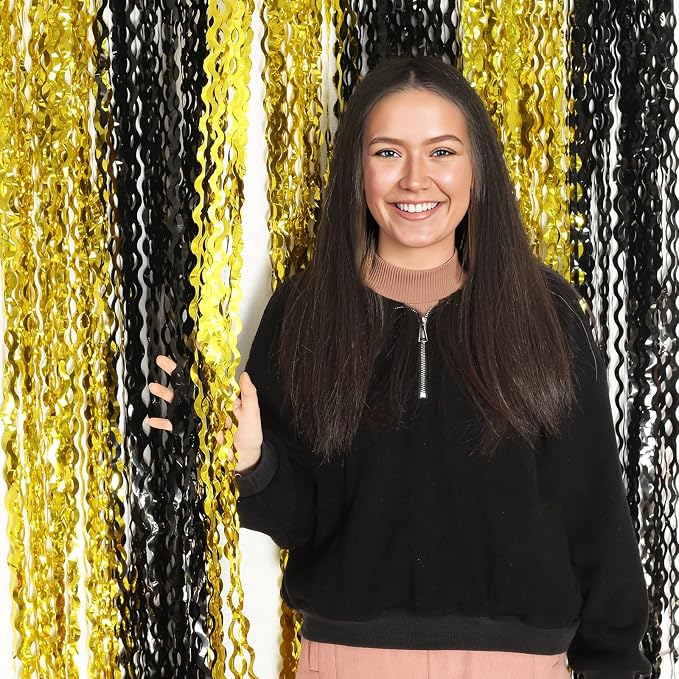 KEEUH 4 Pack Black and Gold Wavy Foil Fringe Curtains Pirthday Decorations,3.3 ft x 6.6 ft Metallic Foil Curtains Streamers for Party Photo Booth Props Background Decoration