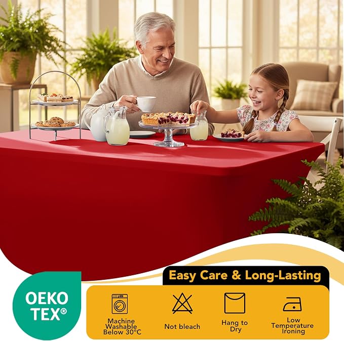 6-Pack Premium Red Spandex Tablecloths for 6ft Rectangle Tables, Stain & Wrinkle-Resistant, Washable Stretch Polyester Fitted Table Cover for Weddings, Banquets, Trade Shows Events