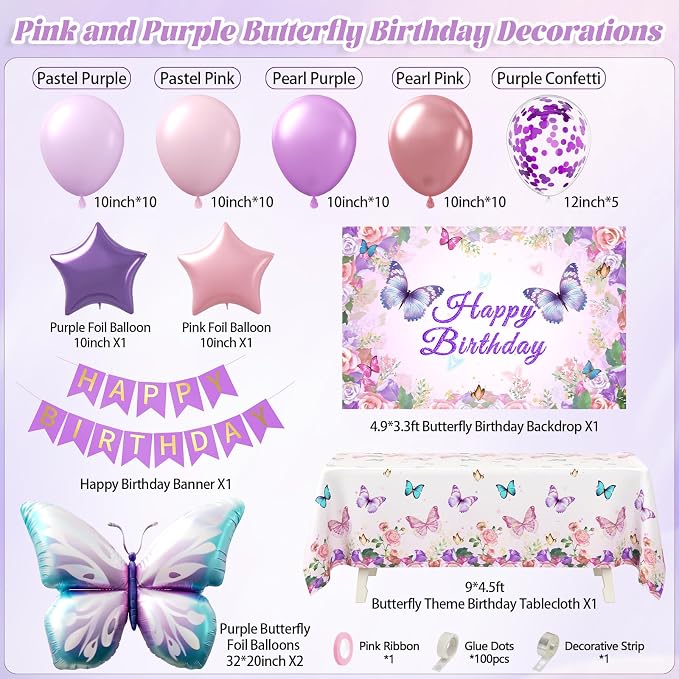 Pink and Purple Butterfly Birthday Decorations with Pastel Purple Pearl Pink Confetti Foil Balloons Tablecloth Backdrop Banner for Butterfly Birthday Party Decorations for Women