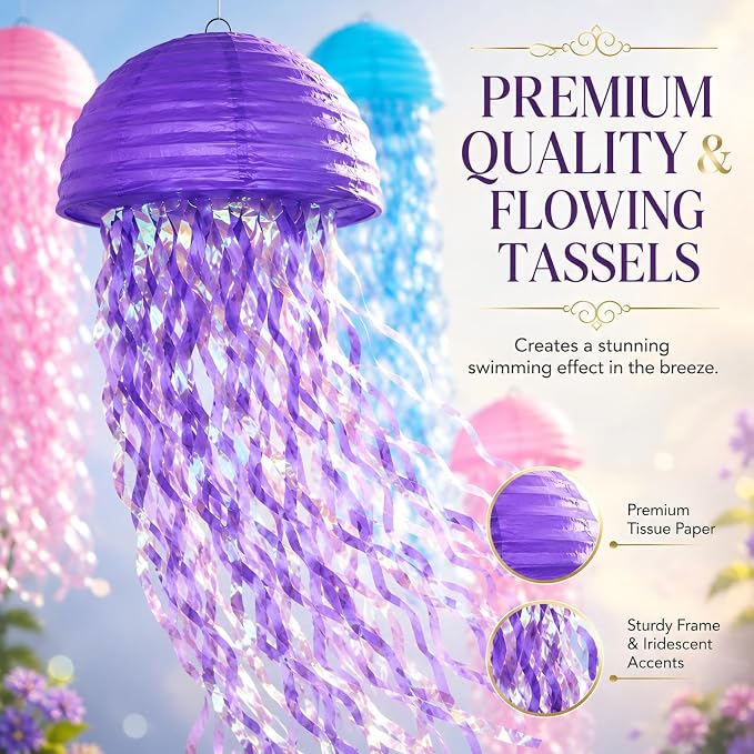 6-Pack Jellyfish Paper Lanterns, Pink Purple Blue Under The Sea Party Decorations, Mermaid Birthday Decorations for Girls, Ocean Themed Baby Shower, Pool & Beach Party Decor