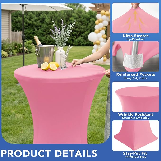 Cocktail Table Covers-Spandex Round High Top Table Cloths 6 Pack 32x43 Inch-Pink Stretch Fitted Bar Tall Tablecloth for Pub Bistro Highboy Party Event Banquet Height Folding Satnding Tables