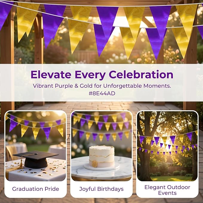 130FT Purple Gold Triangle Pennant Banner Flag Metallic Fabric Bunting Garland for Christmas Graduation Wedding Engagement Anniversary Bachelorette Birthday Bridal Shower Valentines Hen Party Supplies
