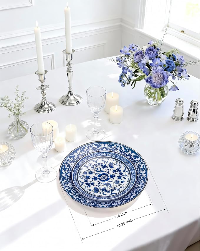 Hioasis 60pcs Blue Plastic Plates Set - Floral Blue & White Porcelain Design, 10.25" Dinner & 7.5" Dessert Plates Disposable for 4th ofJuly & Wedding (Dishwasher Safe, Art Style)