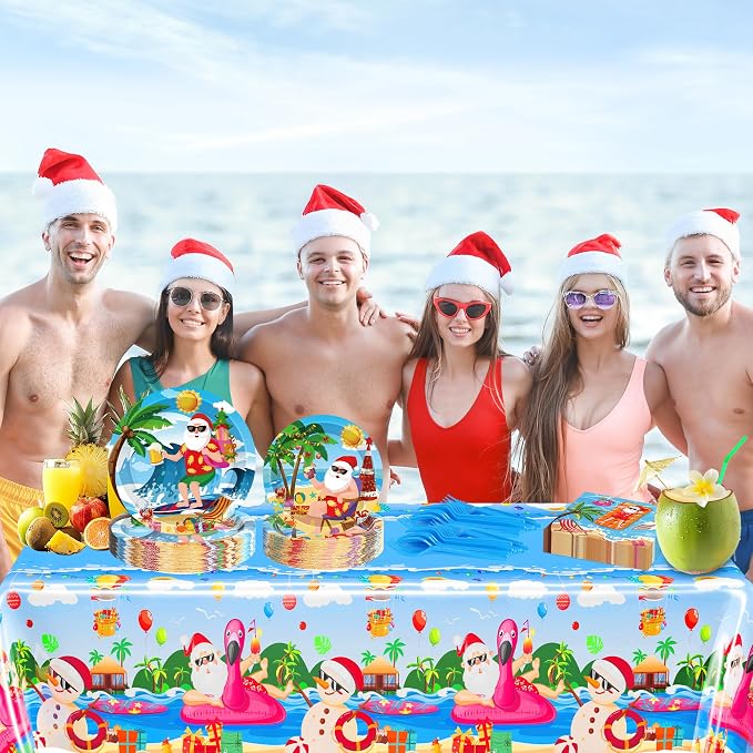 QZYL 122Pcs Summer Christmas Decorations, Tropical Beach Plates Party Supplies, Disposable Xmas in July Plates, Napkins, Cups, Forks and Tablecloth for Beach Pool Party, Serves 30 Guests