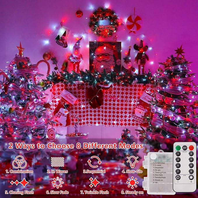 YEGUO Battery Operated String Lights, 2 Pack Each 33ft 100 LED Twinkle Fairy Lights Outdoor Waterproof, 8 Modes Clear Wire Red and White Christmas Lights Indoor with Remote