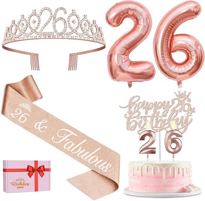 26th Birthday Decorations for Women, Including 26th Birthday Sash and Tiara, Cake Topper and Candles, Number Balloons, 26 Year Old Gifts for Women