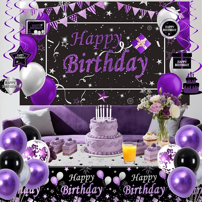 Black Purple Birthday Decorations for Women Girls Men, Purple and Silver Party Decorations Happy Birthday Banner Backdrop Confetti Silver Balloons Arch Hanging Swirls Party Supplies Tablecloth