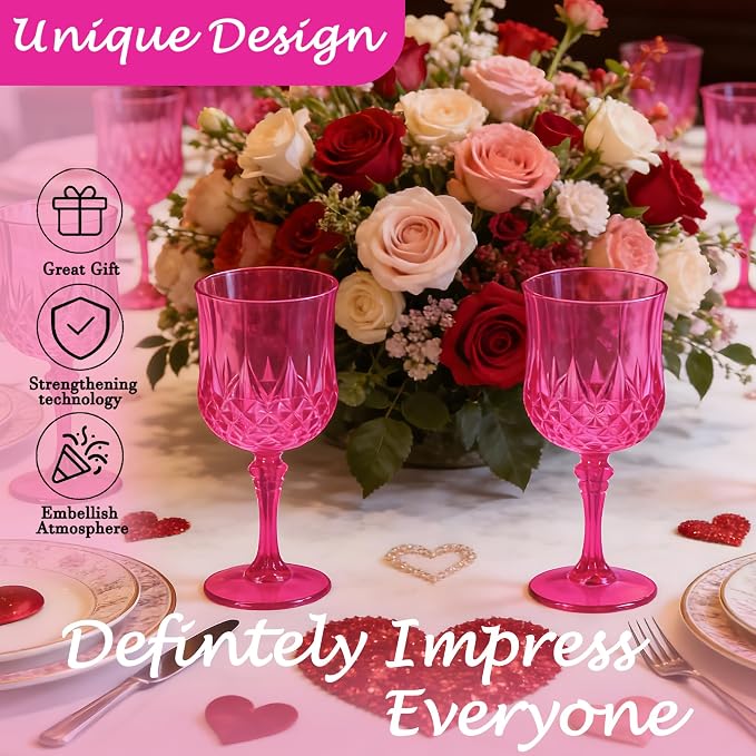 Plastic Wine Glasses, Plastic Goblets Vintage Style Cordial Unbreakable Drinking Glasses, Reusable Drinkware for Wedding Reception, Grand Event Party Supplies (24, Hot Pink)