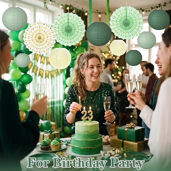 Sage Green Party Decorations Set with Hanging Paper Lanterns Fans for Bridal Baby Shower Wedding Women Girls 16th 21st Birthday Tea Party Supplies