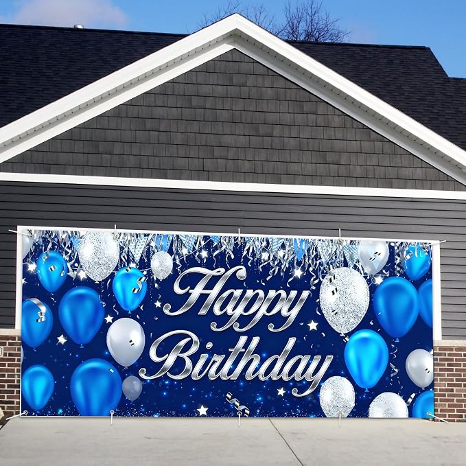 Happy Birthday Garage Door Banner Backdrop 7x16ft Waterproof - Blue&Silver Balloon Banner for Adult Party Decor,Men Women Outdoor Indoor Photo Background