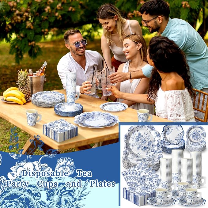 Pickmesh 252 Pcs Blue Floral Tea Party Supplies for 36 Guests Blue and White Porcelain Paper Disposable Dinnerware Floral Teacups with Handle and Saucers Set for Tea Party Decorations Birthday Wedding