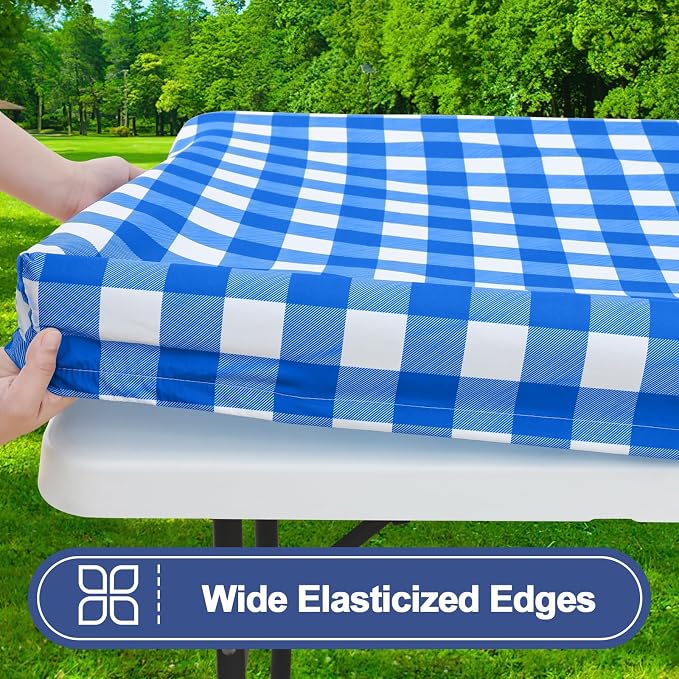 Smiry Picnic Table Cloth 4 Pack, Waterproof Elastic Fitted Tablecloths for 24x48 Rectangle Tables, Washable Polyester Buffalo Plaid Tablecloth for Camping, Dining & Outdoor (Blue & White, 24" x 48")