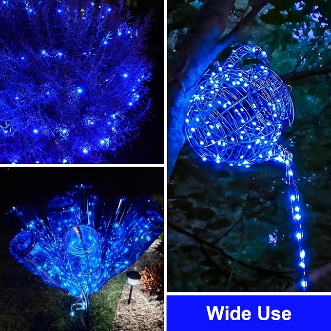 QITONG 4 Pack Solar Fairy Lights, Each 33ft 100 LED Blue Christmas String Light Outdoor Waterproof, 8 Modes Silver Wire Twinkle Mini Lights