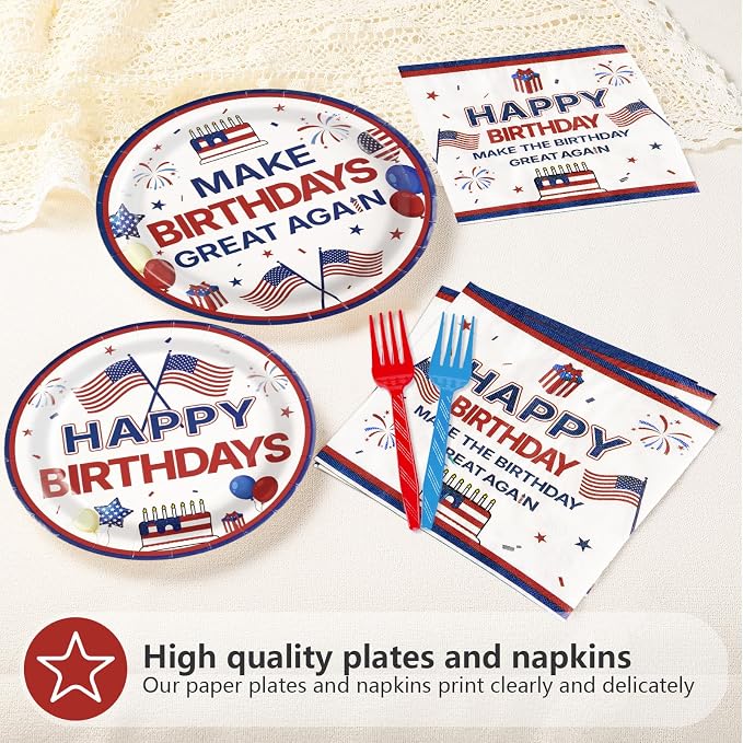 96Pcs Make Birthdays Great Again Party Supplies Funny Blue and Red Plates and Napkins Funny Presidant Tableware Set for USA President Patriotic Birthday Party Supplies，Serves 24