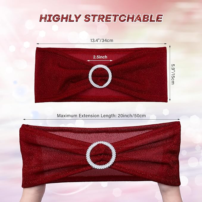 SquarePie Pack of 50 Red Chair Sashes Bows with Buckle Slider Universal Elastic Spandex Bands Ties for Banquet Event Decor