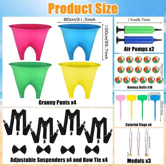 Giant Granny Pants Game - 4 Oversized Pants Ball Catch Outdoor Game for Adults Family Party, Big Tossing Fun Activities Set with 16 Balls, 3 Medals, 2 Air Pumps for Backyard Lawn Field Day