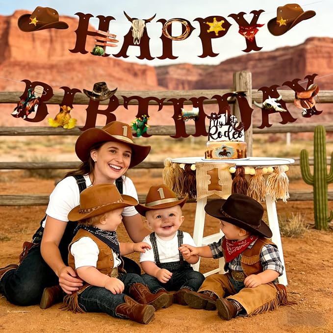 Western Cowboy 1st Birthday Decorations Boy-My First Rodeo Felt Birthday Banner Western Rodeo First Birthday High Chair Banner With Rodeo Cake Topper & Cowboy Hat，Cowboy First Birthday Decorations