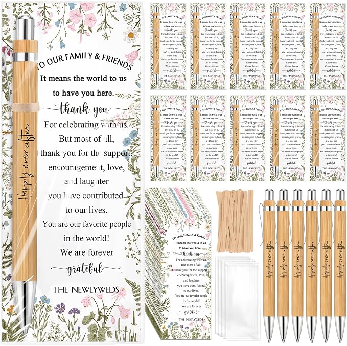 Spakon 36 Sets Wildflower Wedding Favors for Guests Bamboo Pens with Thank You Cards Clear Gift Bags Bridal Shower Gifts for Guest Souvenirs