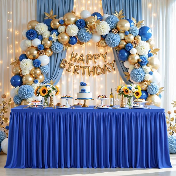 PARTISKY 1 Pack Royal Blue Tablecloths for Rectangle Tables 6ft, Wrinkle Resistant Spandex Table Cover Fitted Stretch Table Cloth with Pleated Ruffle Skirts for Party Banquet Dining Birthday Wedding