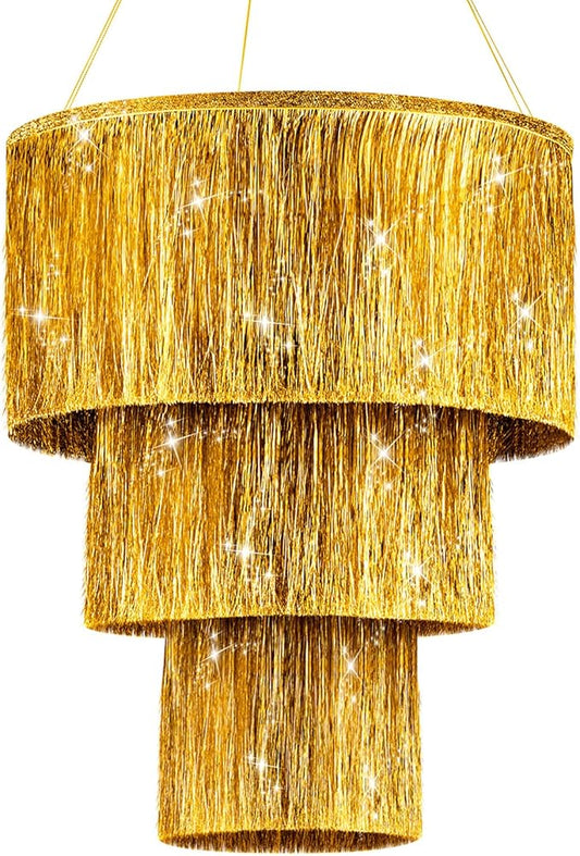 Rossesay 1 Piece 3 Tier Fringe Tinsel Chandelier Fringe Chandelier Decoration Birthday Bachelorette Party Decoration Iridescent Foil Shimmering for Wedding Home (Gold)