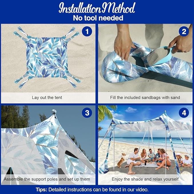 Rhino Valley Beach Tent,10x10 FT Beach Shade UPF50+ Protection,Beach Canopy with 8 Sandbags 4 Stability Poles,Outdoor Beach Tent Sun Shelter Umbrella for Sand,Camping,Fishing Essential,White Blue Leaf