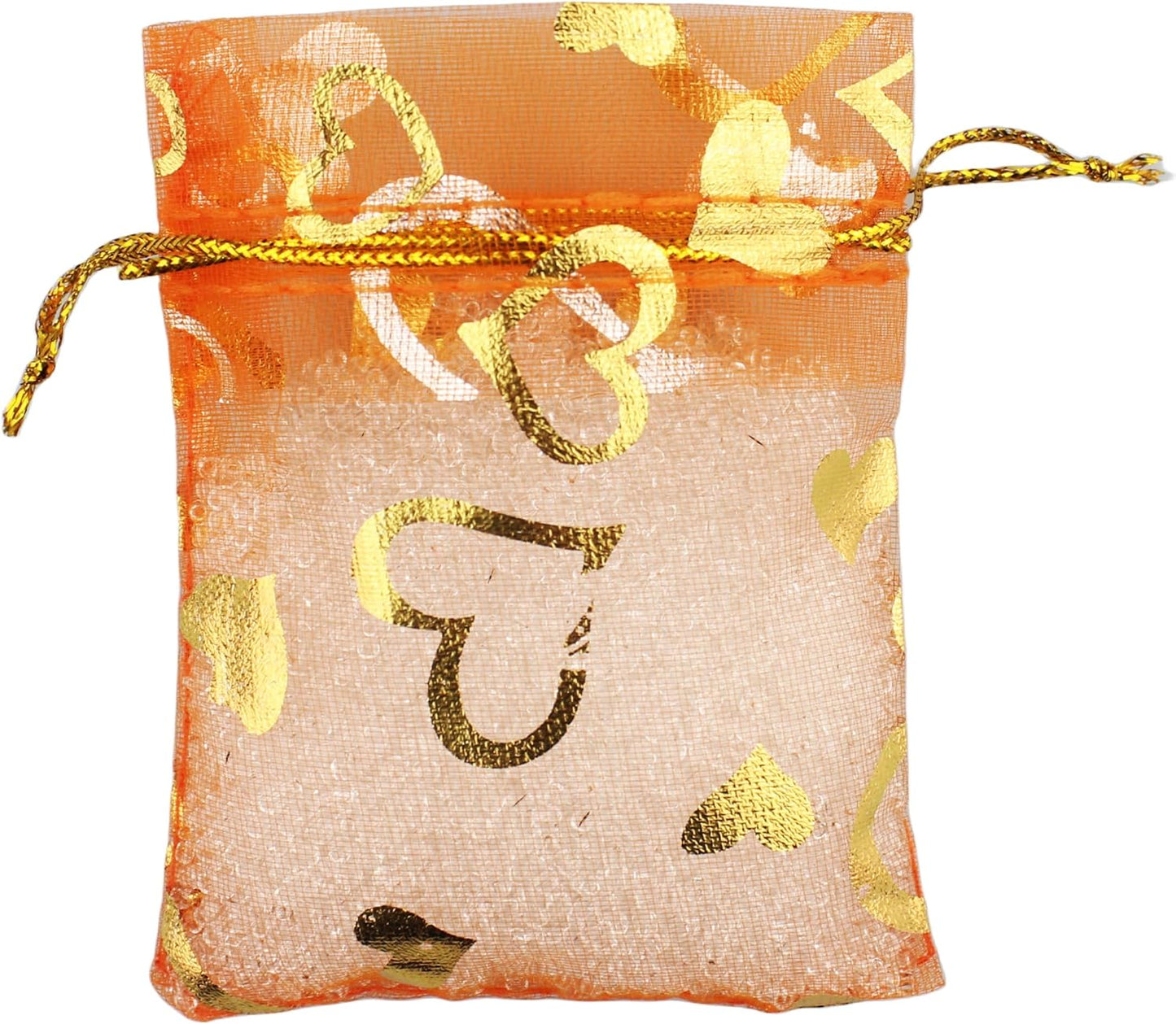QIANHAILIZZ 100 Pack 2.8 x 3.5 Inch Flower Heart Organza Jewelry Gift Pouch Candy Pouch Drawstring Wedding Favor Bags B511S (orange gold heart)