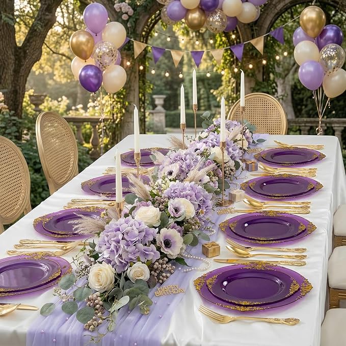 102PCS Purple and Gold Plastic Plates - High End Purple Disposable Plate - Vintage Dinner & Dessert Plates for 51 Guests Birthday Party Wedding