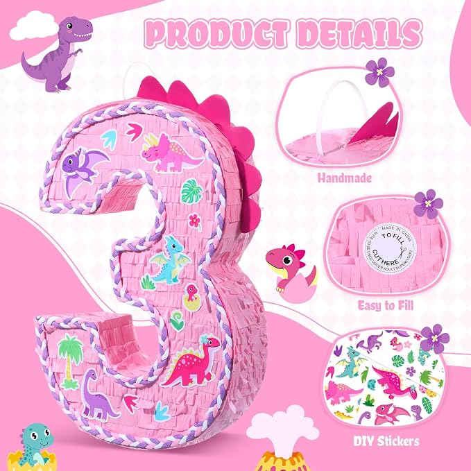 Dinosaur Pinata Set Dino Themed Pinata with Stick and Blindfold Girls Dinosaur Birthday Party for Animal Theme Party Decoration Baby Shower Game Supplies (Pink Dino)