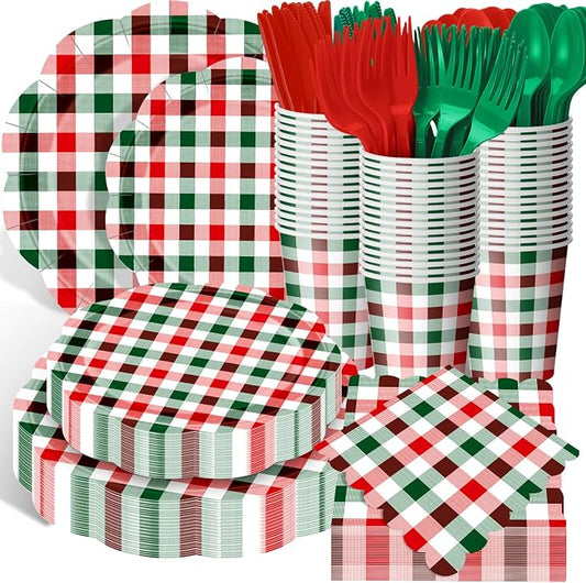 Funnymoom 400 Pcs Christmas Party Supplies for 50 Guests Gingham Paper Plates and Napkins Knives Spoon Fork Cup Disposable Checkered Dinner Party Cutlery for Baby Shower Wedding Favor (Red and Green)